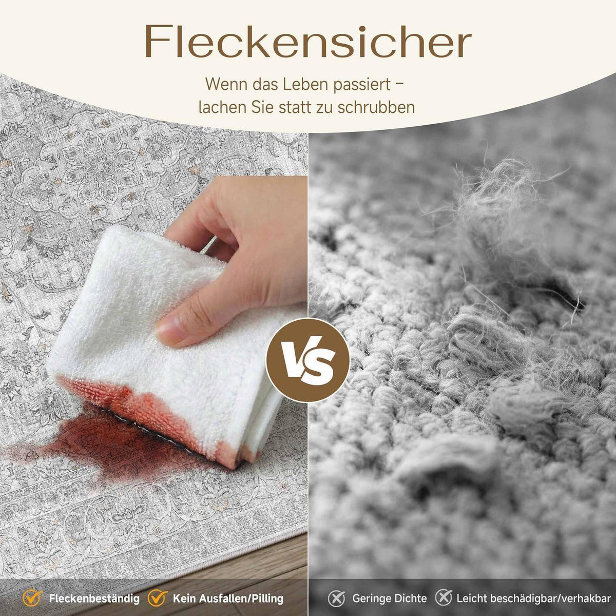 Grauer Wohnzimmerteppich 300x400cm – Waschbar & Vintage Kurzflor