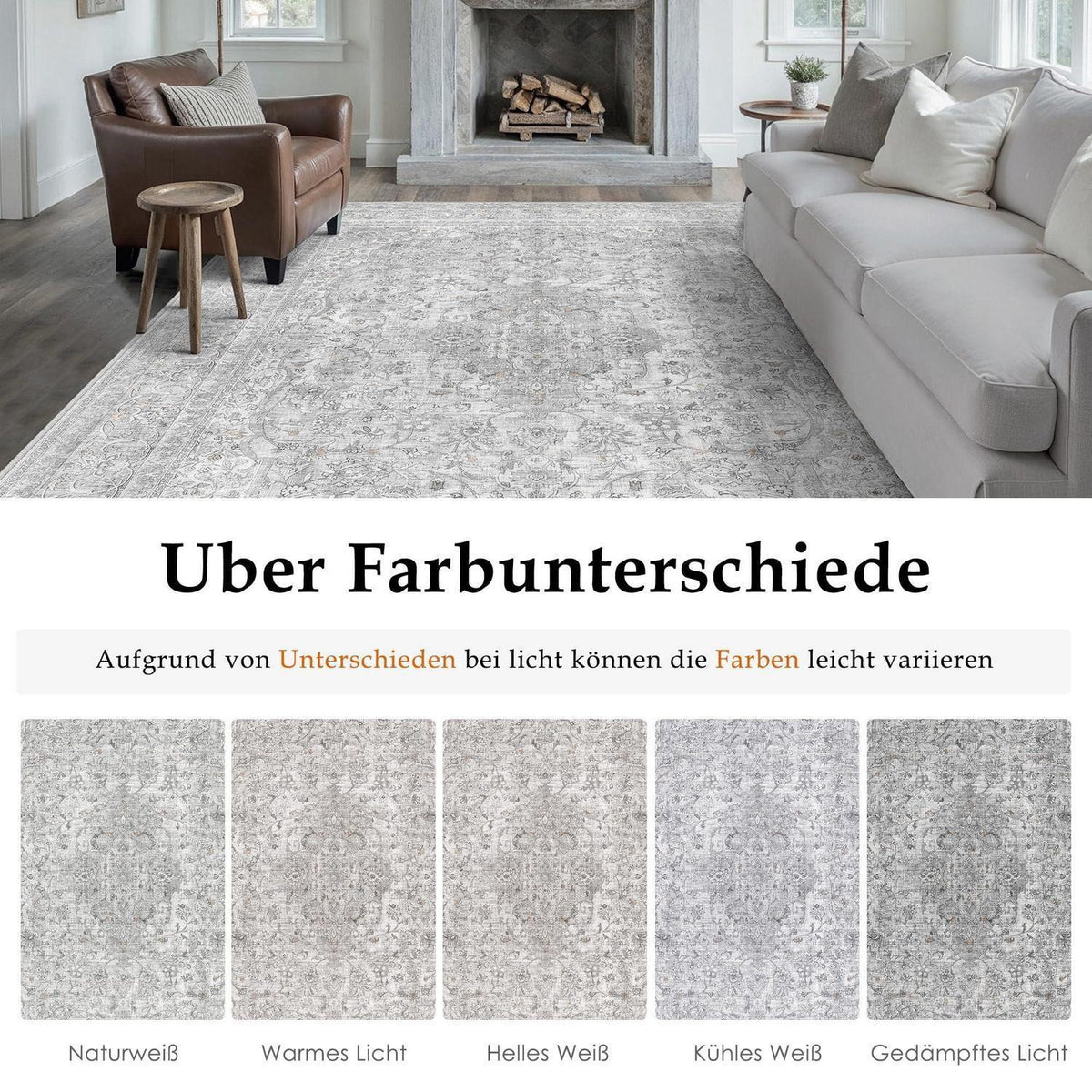 Grauer Wohnzimmerteppich 300x400cm – Waschbar & Vintage Kurzflor