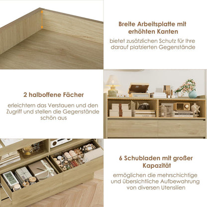 Kommode 6 Schubladen Eiche 120cm - Sideboard für Schlafzimmer