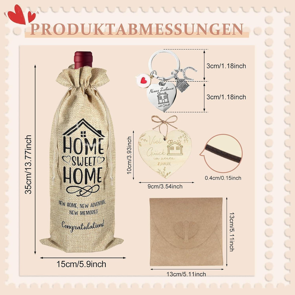 Einzugsgeschenk Set: Weinbeutel, Schlüsselanhänger & Glücksbringer