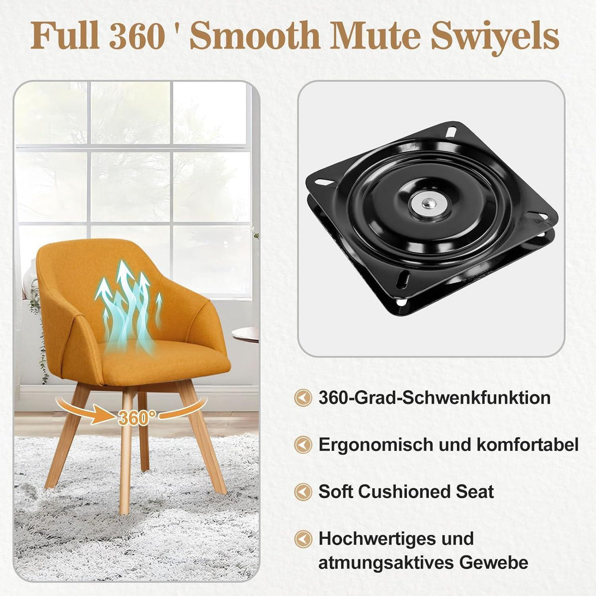 Drehbarer Esszimmerstuhl Set 2x mit Armlehne & Leinenbezug Gelb
