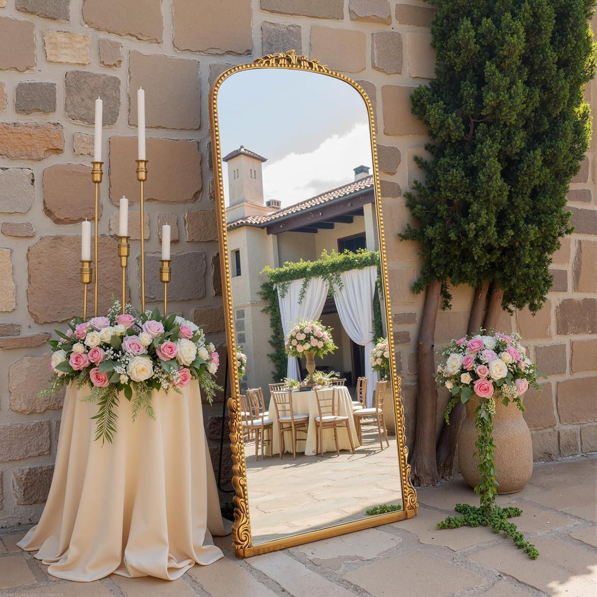 Vintage Standspiegel Goldfarben – 175cm Ganzkörperspiegel mit Schnitzerei