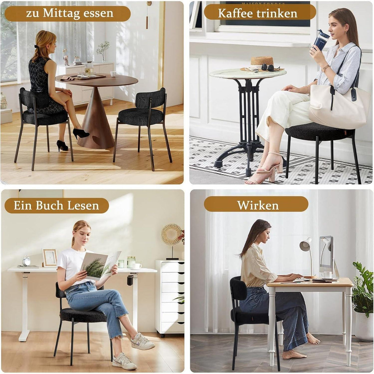 Esszimmerstühle 2er Set mit Teddy Boucle Stoff & Metallbeinen Schwarz