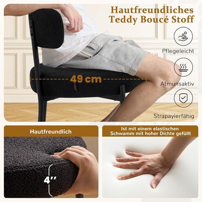 Esszimmerstühle 2er Set mit Teddy Boucle Stoff & Metallbeinen Schwarz