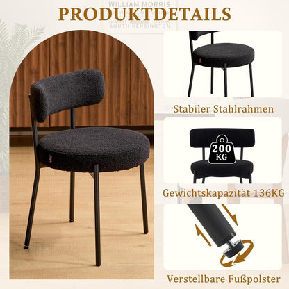 Esszimmerstühle 2er Set mit Teddy Boucle Stoff & Metallbeinen Schwarz