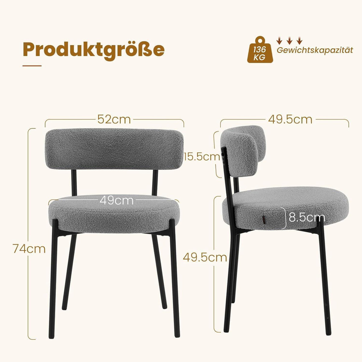 Esszimmerstühle 2er Set Grau – Bouclé Stoff & Metallbeine