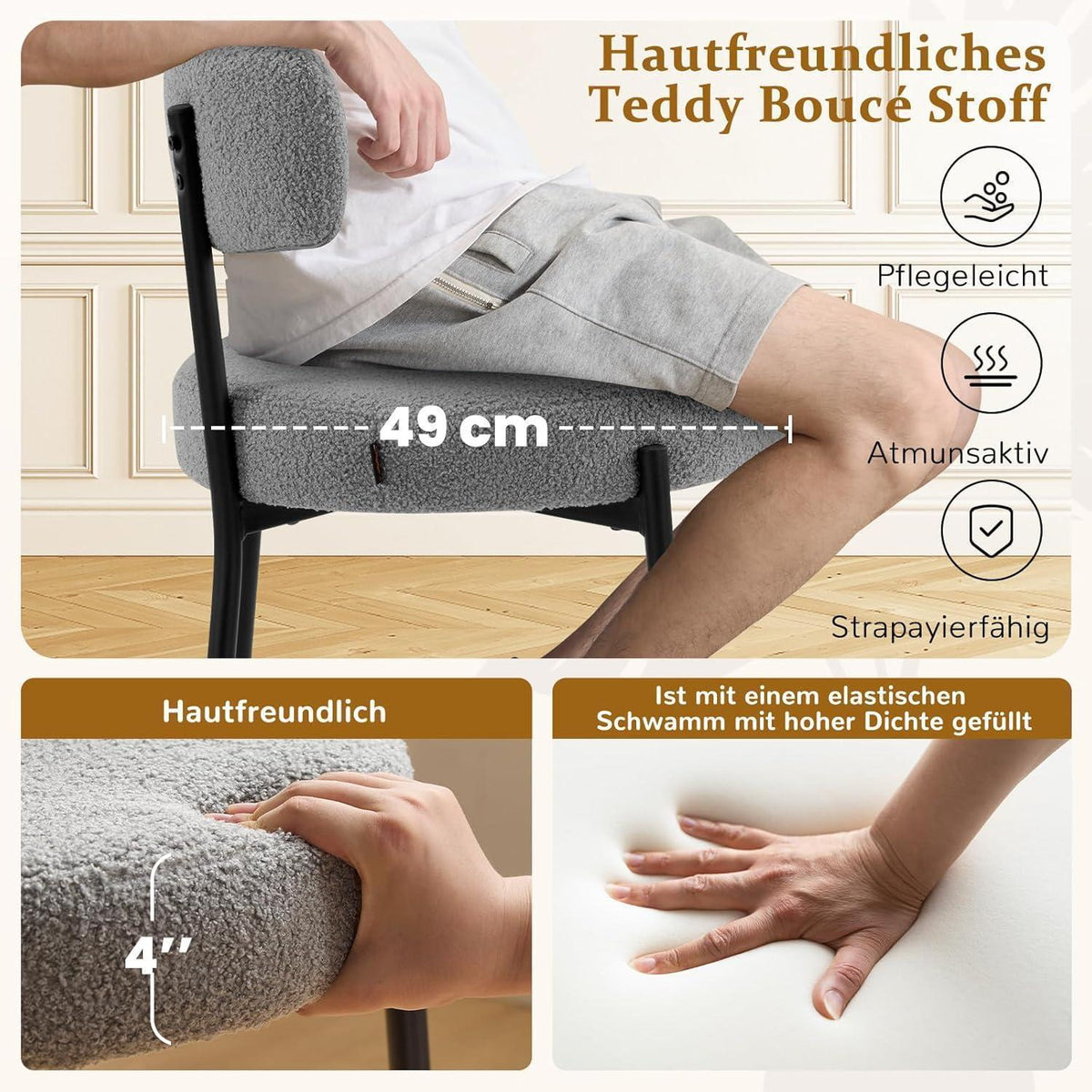Esszimmerstühle 2er Set Grau – Bouclé Stoff & Metallbeine