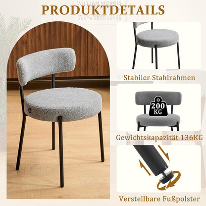 Esszimmerstühle 2er Set Grau – Bouclé Stoff & Metallbeine