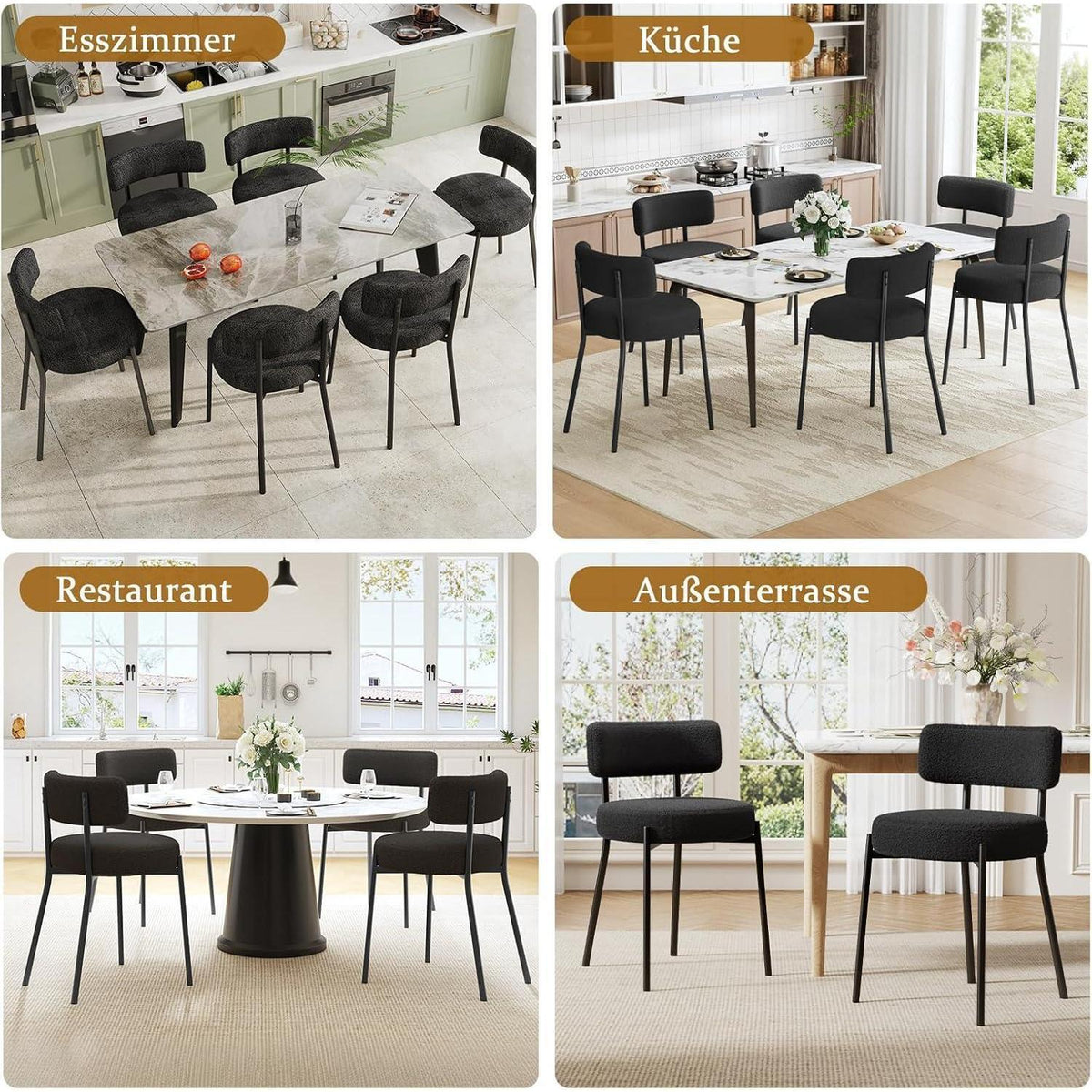 Esszimmerstühle 4er Set mit Teddy Boucle Stoff & Metallbeinen Schwarz