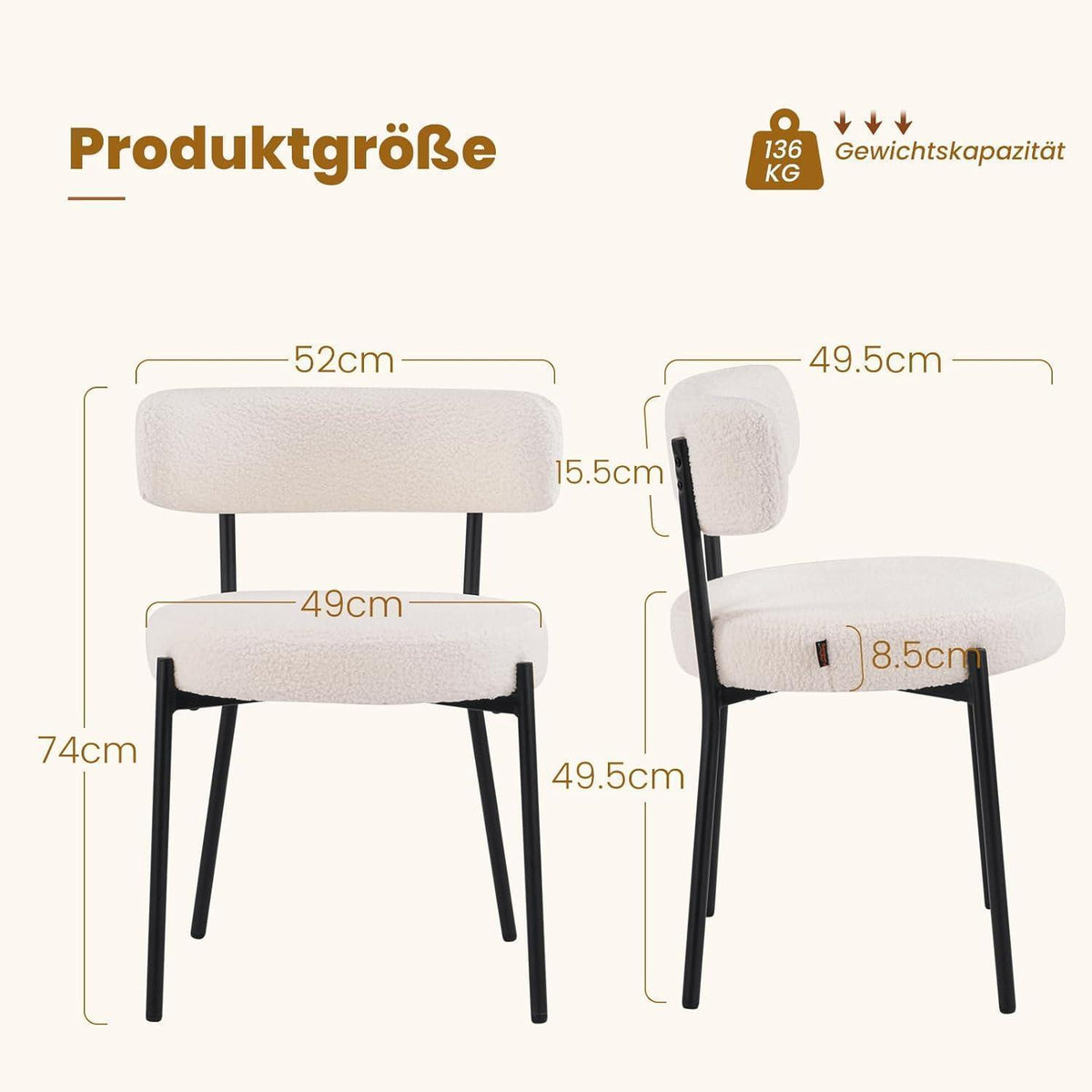 Esszimmerstühle 6er Set mit Boucle Stoff & Metallbeinen Weiß