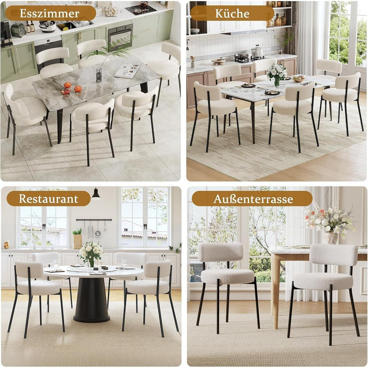 Esszimmerstühle 6er Set mit Boucle Stoff & Metallbeinen Weiß