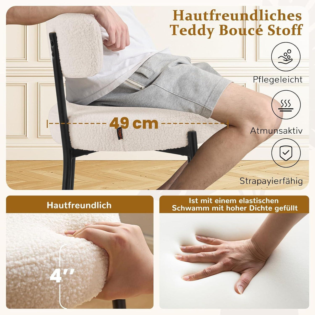 Esszimmerstühle 6er Set mit Boucle Stoff & Metallbeinen Weiß