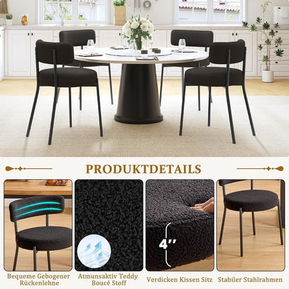 Esszimmerstühle 6er Set mit Teddy Boucle Stoff & Metallbeinen Schwarz