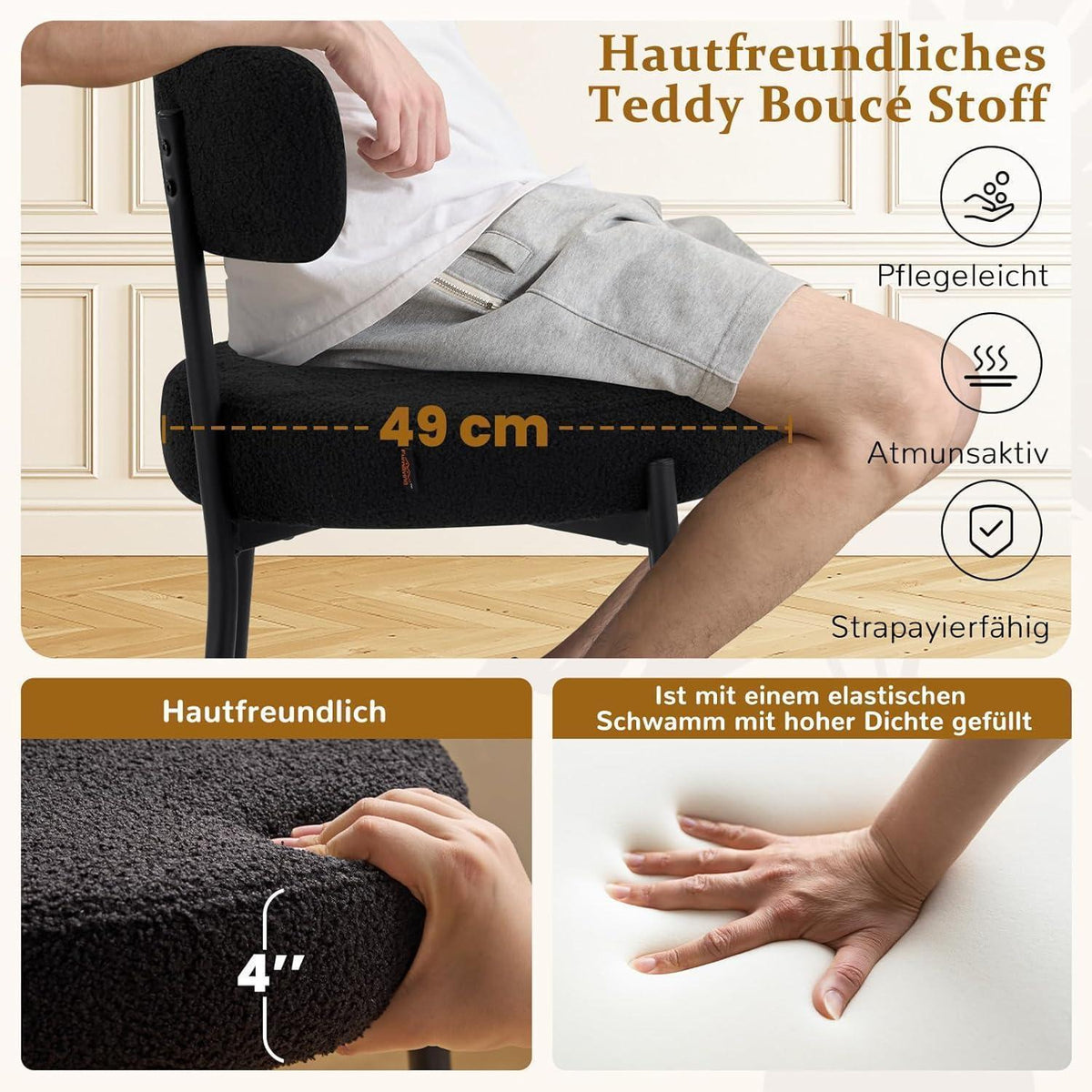 Esszimmerstühle 6er Set mit Teddy Boucle Stoff & Metallbeinen Schwarz