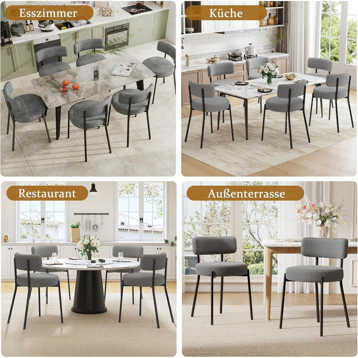 Esszimmerstühle 6er Set mit Boucle Stoff & Metallbeinen Grau