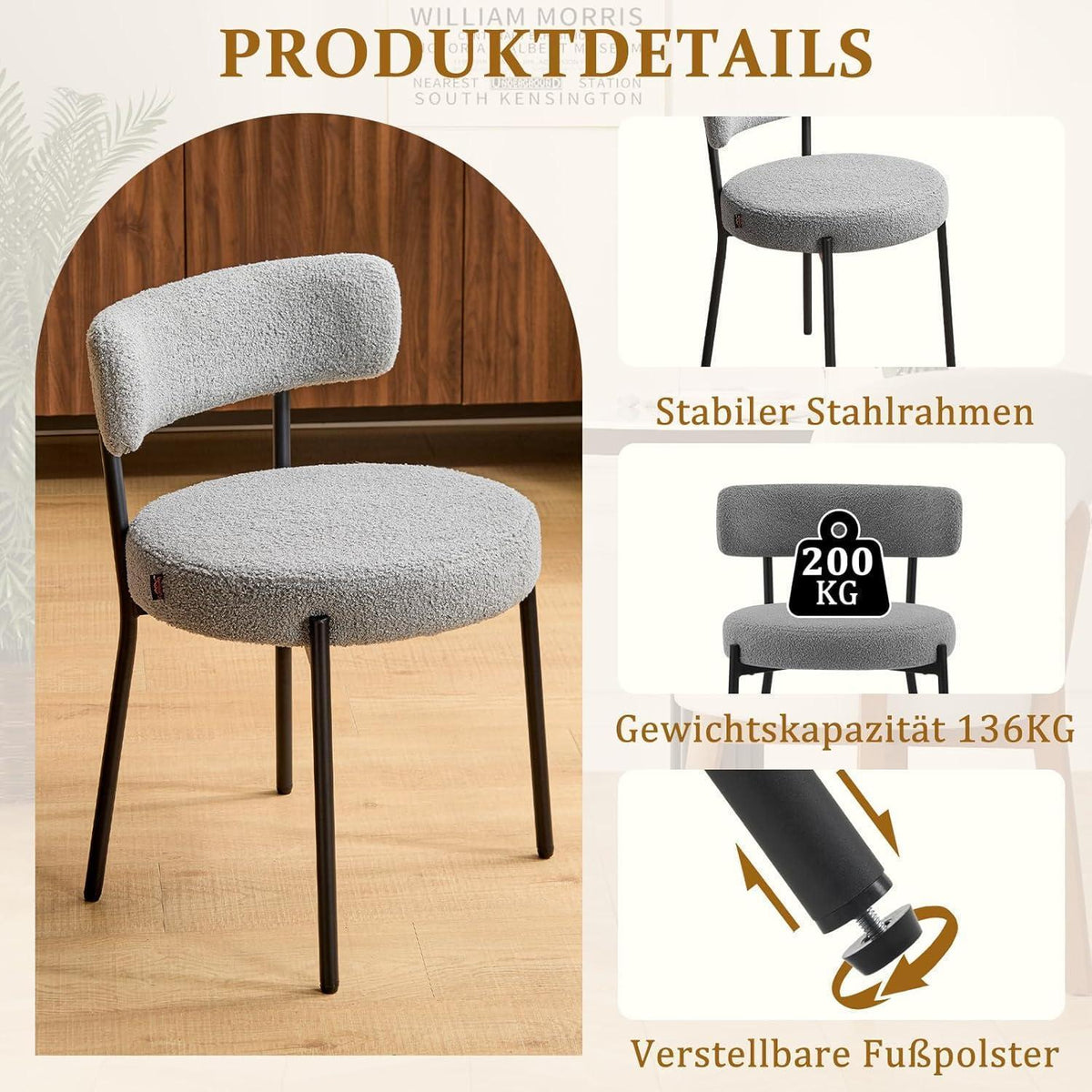 Esszimmerstühle 6er Set mit Boucle Stoff & Metallbeinen Grau