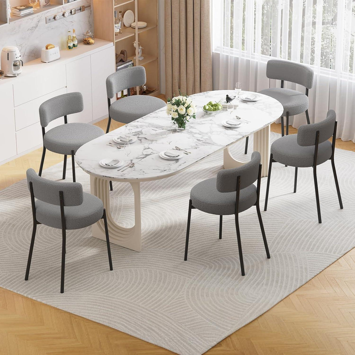 Esszimmerstühle 6er Set mit Boucle Stoff & Metallbeinen Grau