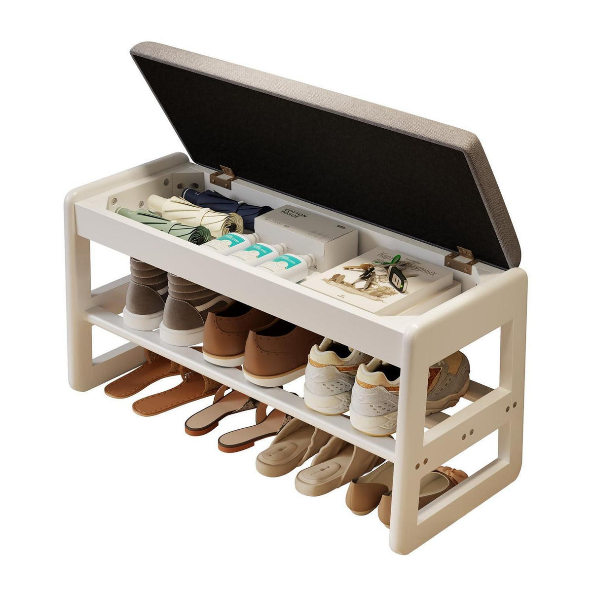 Schuhbank mit Kissen & Klappdeckel – Weiß 80cm