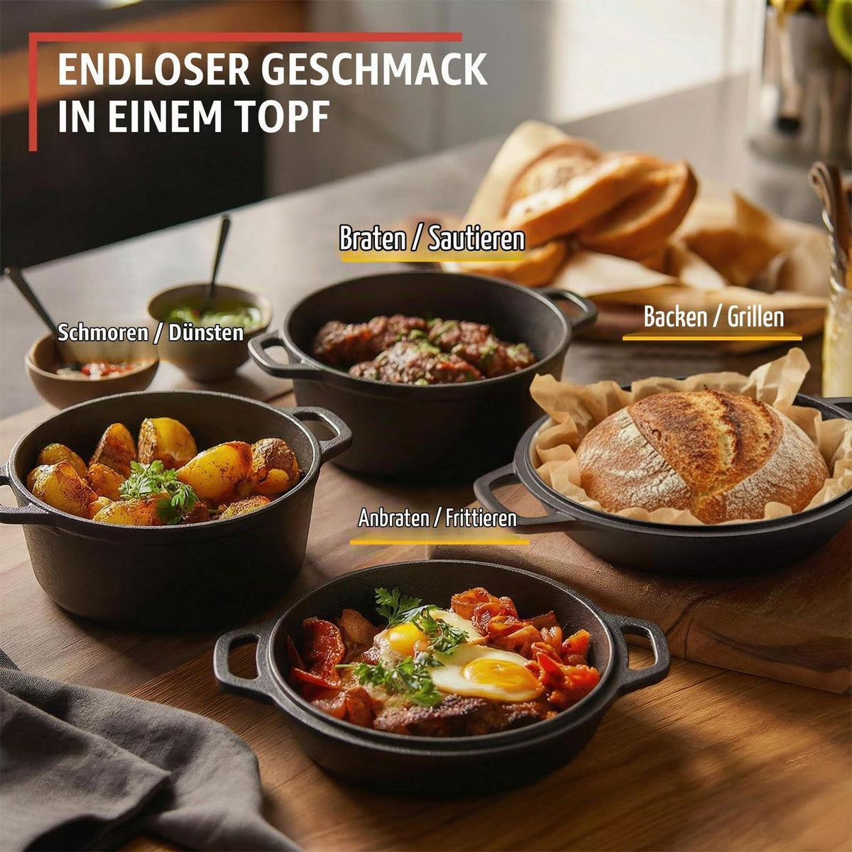 Gusseisen Dutch Oven 28cm - Vielseitiger Topf mit Deckel