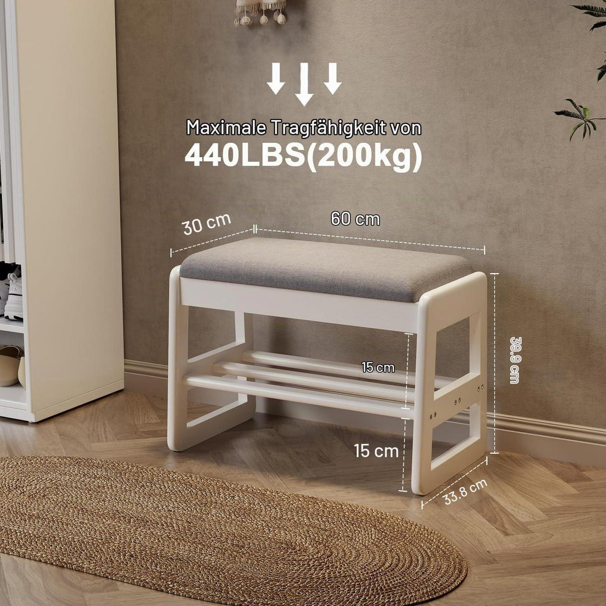 Schuhbank mit Kissen & Klappdeckel – Weiß 60cm