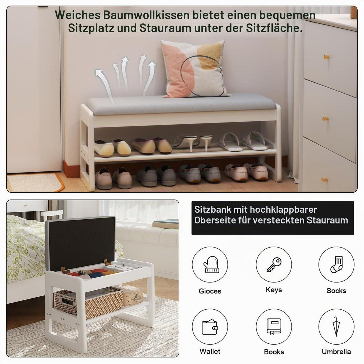 Schuhbank mit Kissen & Klappdeckel – Weiß 60cm