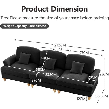 3-Sitzer Sofa Mittelalter-Modern | Abnehmbare Rüschenschürze & Kissen | Schwarz