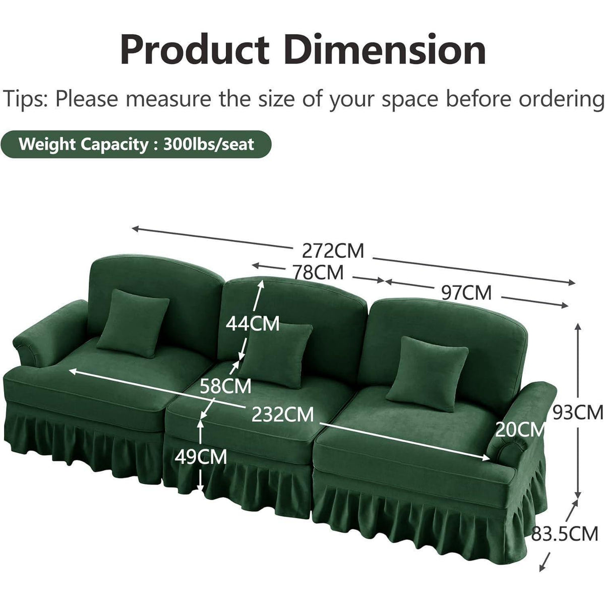 Modulares Sofa 3-Sitzer & 2-Sitzer mit Rüschenschürze, Grün