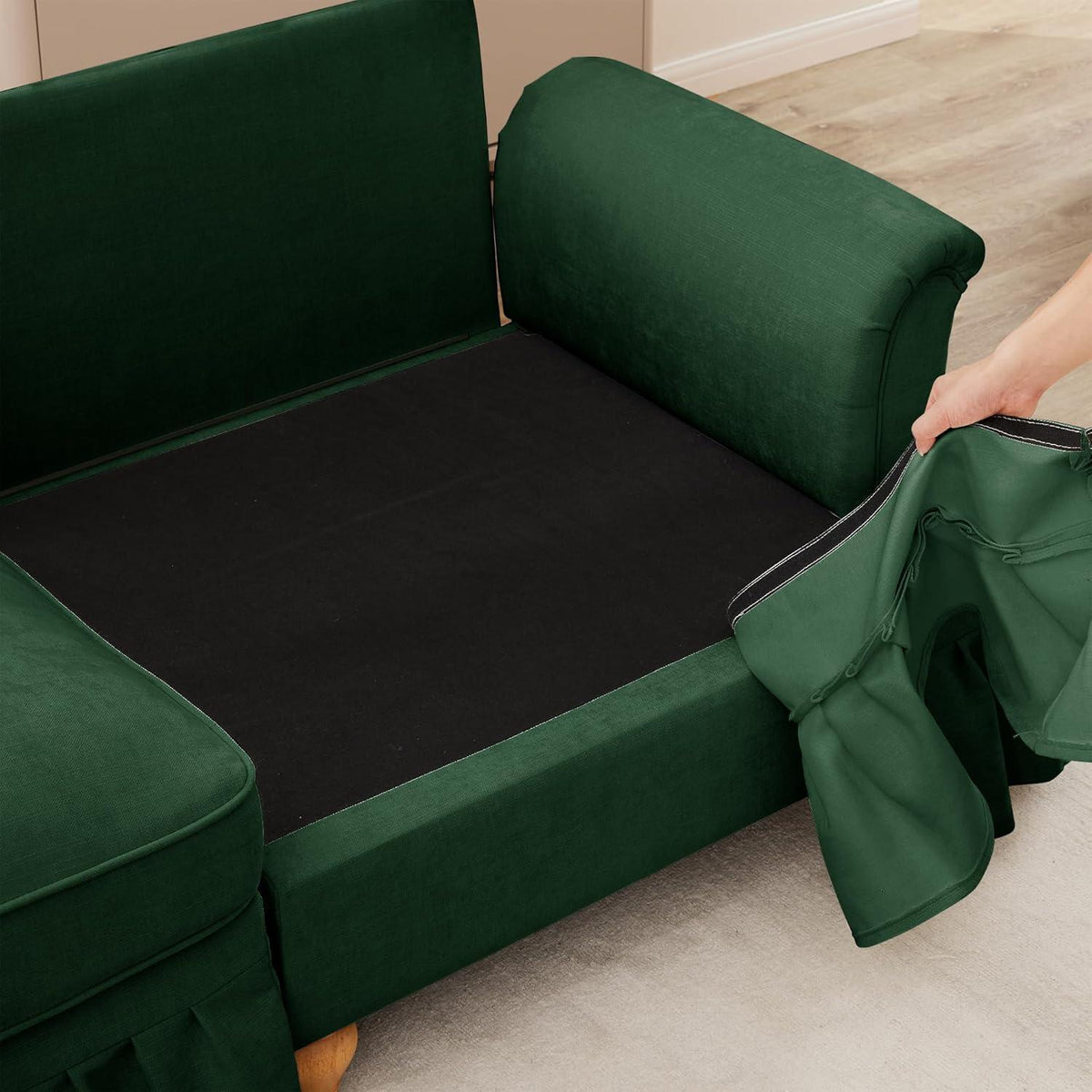 Mittelalter Ecksofa 3-Sitzer mit Ottomane & Rüschenschürze, Grün