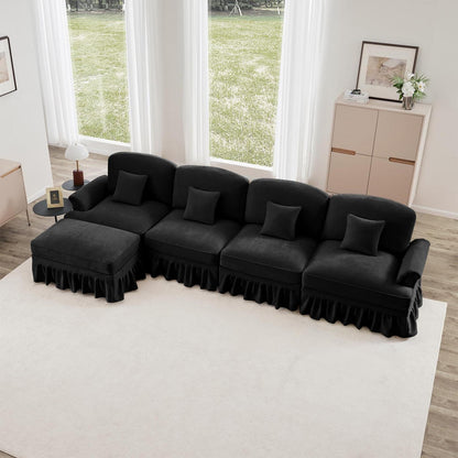 L-förmiges Ecksofa Mittelalter Stil, 4-Sitzer mit Ottomane & Rüschenschürze