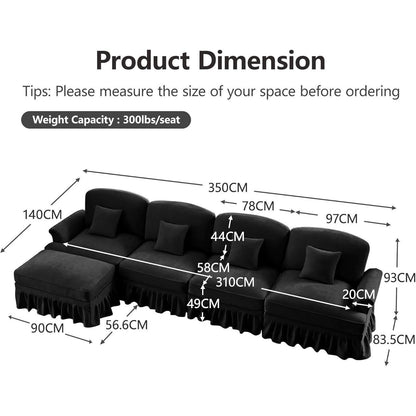 L-förmiges Ecksofa Mittelalter Stil, 4-Sitzer mit Ottomane & Rüschenschürze
