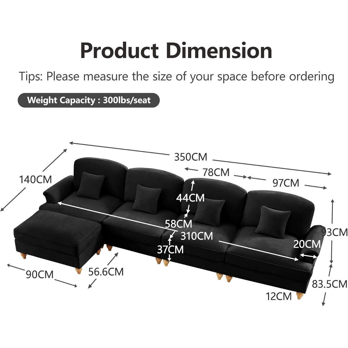 L-förmiges Ecksofa Mittelalter Stil, 4-Sitzer mit Ottomane & Rüschenschürze
