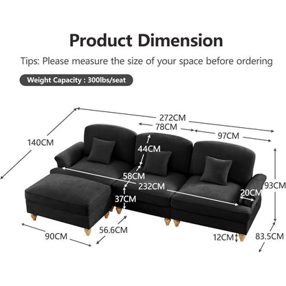Mittelalter Ecksofa L-Formig mit Ottomane & Rüschenschürze Schwarz