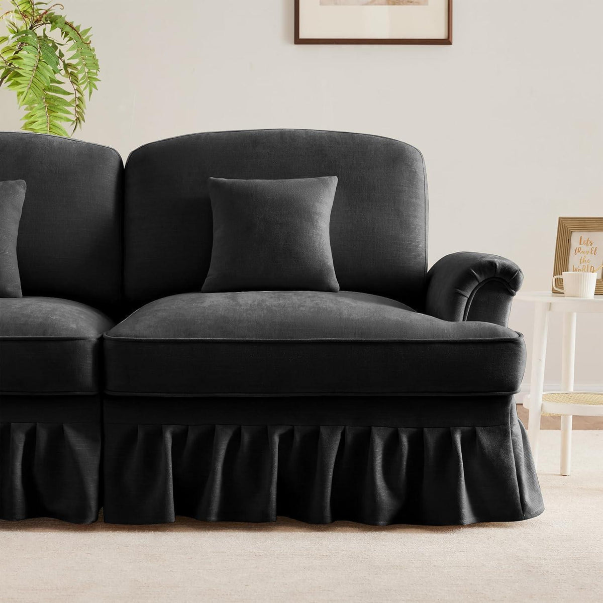 Mittelalter Ecksofa L-Formig mit Ottomane & Rüschenschürze Schwarz