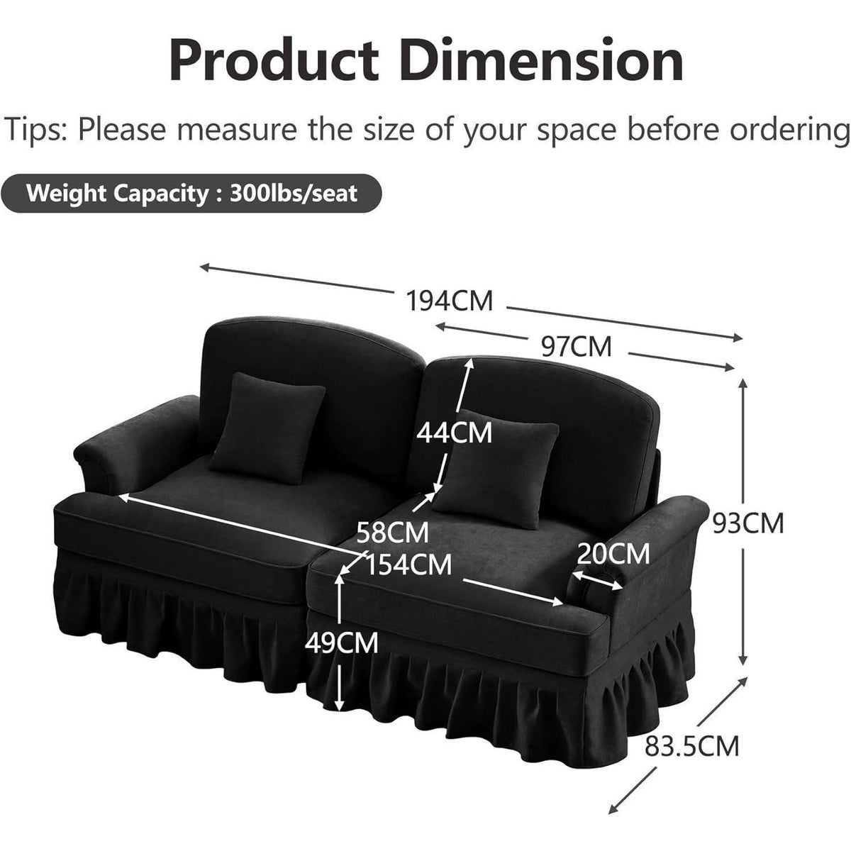 L-förmiges 2-Sitzer Sofa Mittelalter Stil mit Rüschenschürze & Kissen