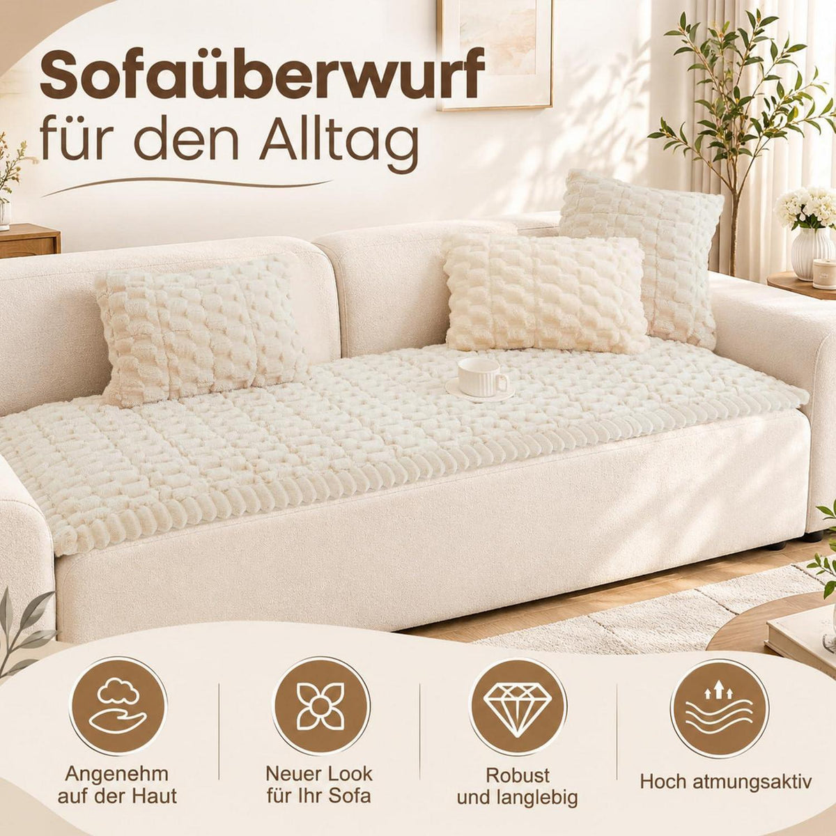 Rutschfeste Sofadecke Plüsch 70x210 Beige – Abnehmbar & Waschbar