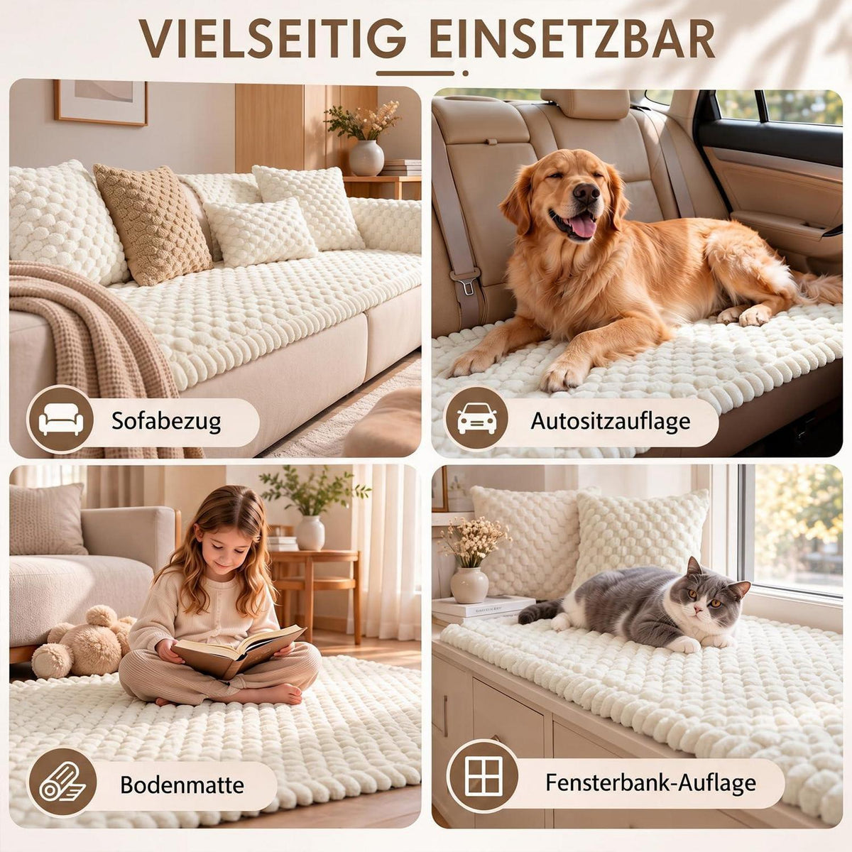 Rutschfeste Sofadecke Plüsch 70x210 Beige – Abnehmbar & Waschbar