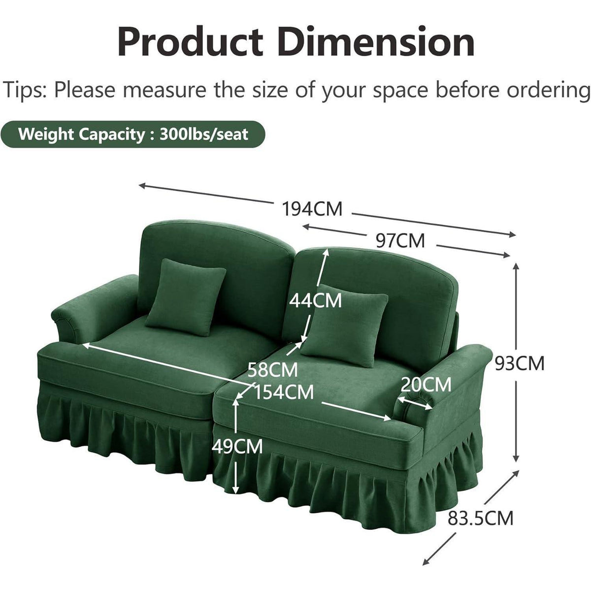 L-förmiges Sofa Mittelalter Stil, Grün, 2-Sitzer mit Rüschenschürze