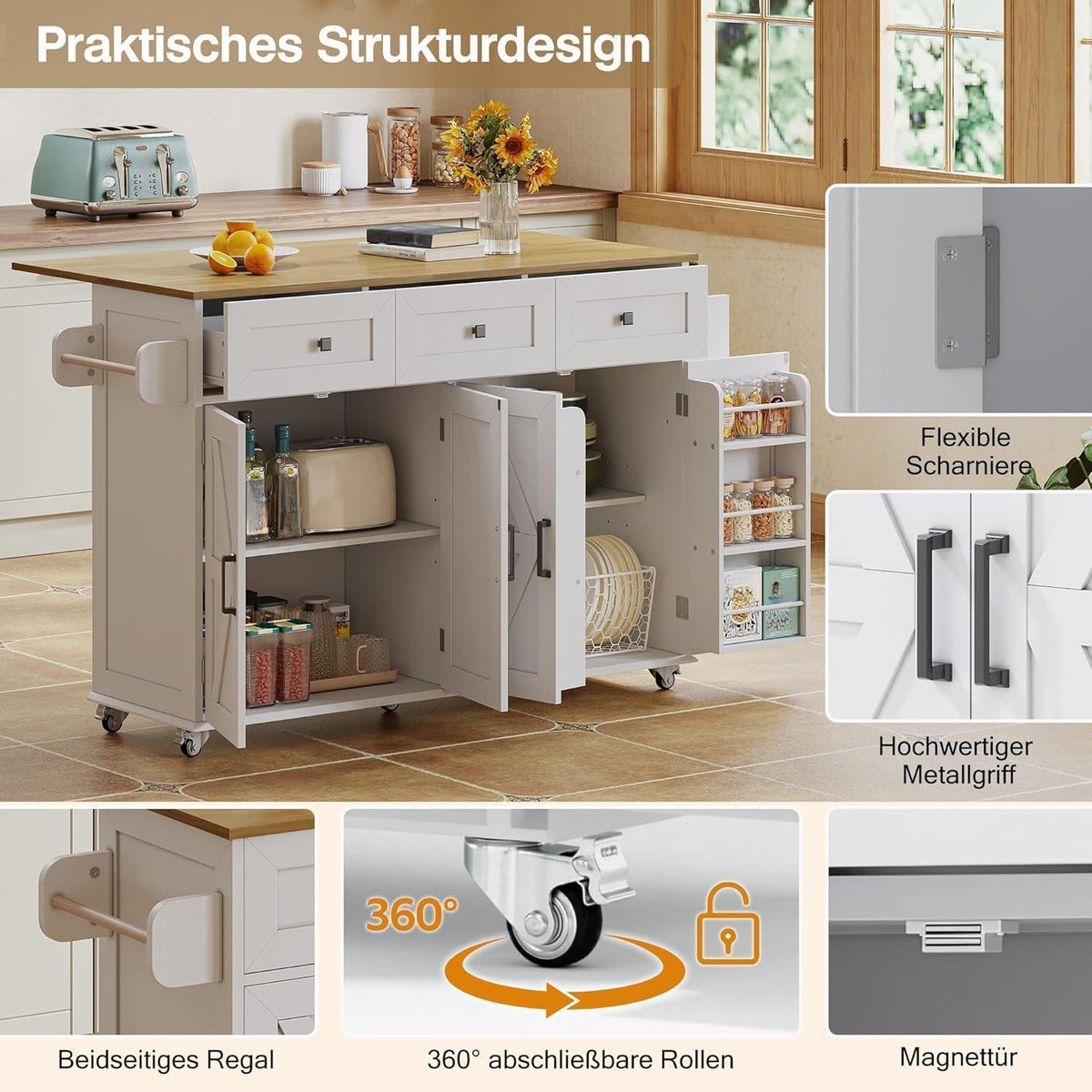 Klappbarer Küchenwagen mit Arbeitsplatte & Rollen (Weiß)