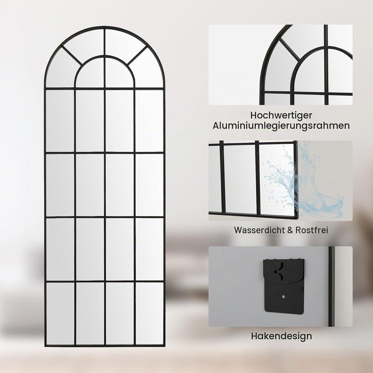 Gewölbter Wandspiegel 60x165cm Schwarz Aluminiumrahmen