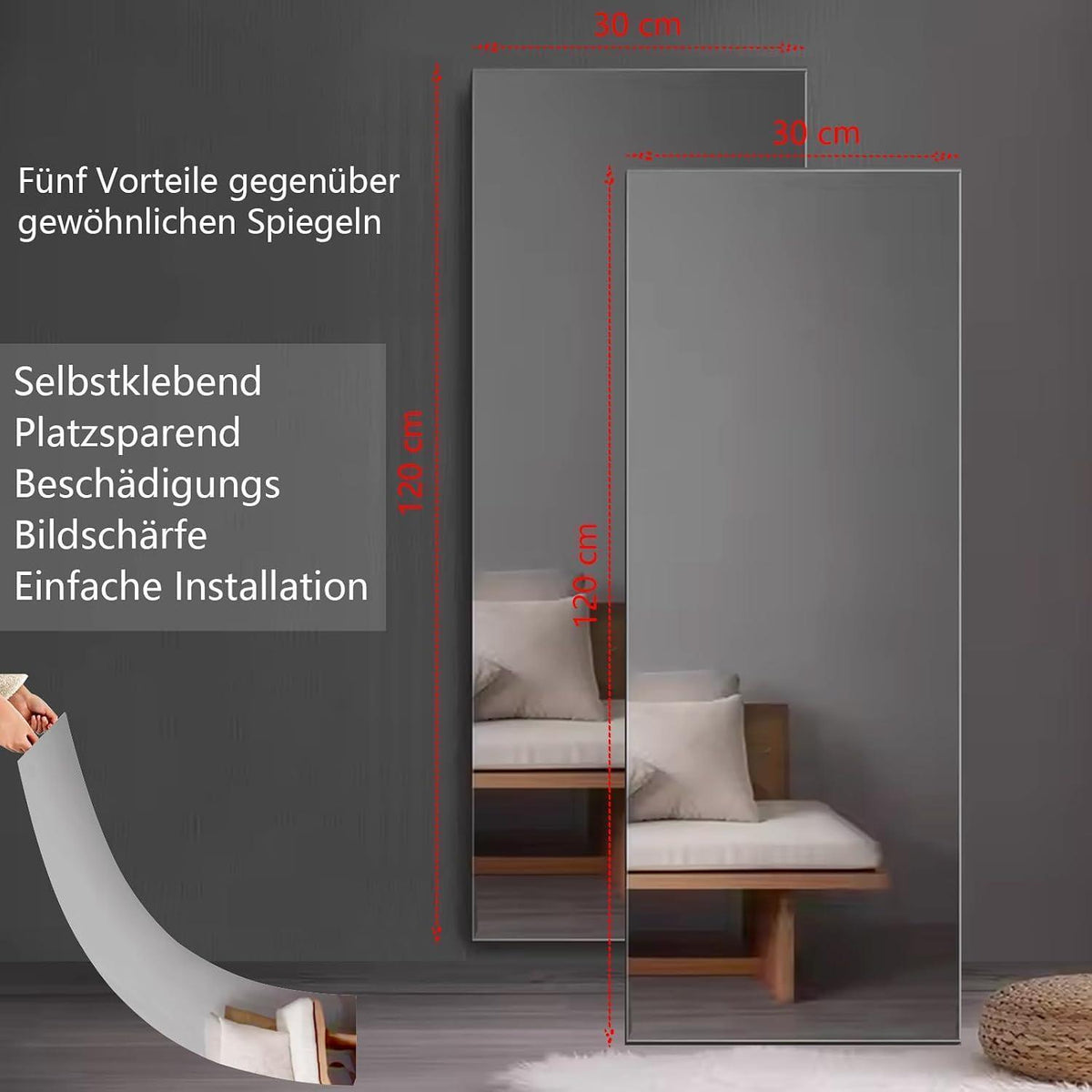 Ganzkörperspiegel 2er Set, selbstklebend 30x120cm