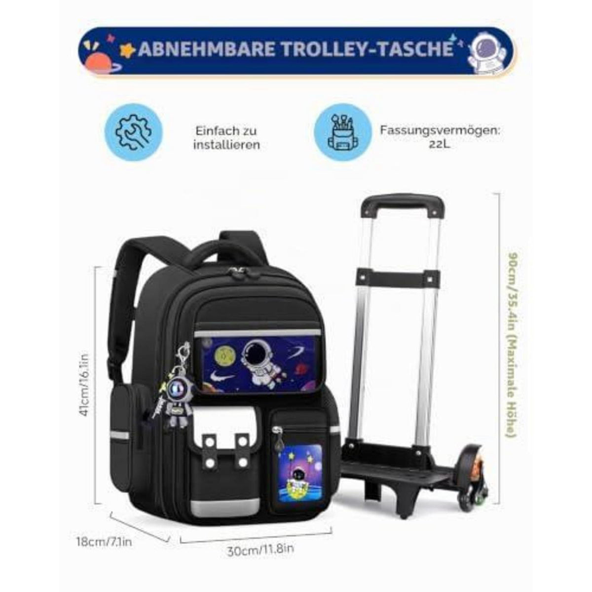 Schulranzen mit Rollen & Reflektoren für Jungen, Schwarz – Astronaut Design