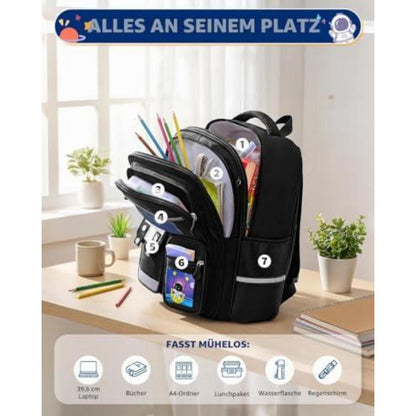 Schulranzen mit Rollen & Reflektoren für Jungen, Schwarz – Astronaut Design