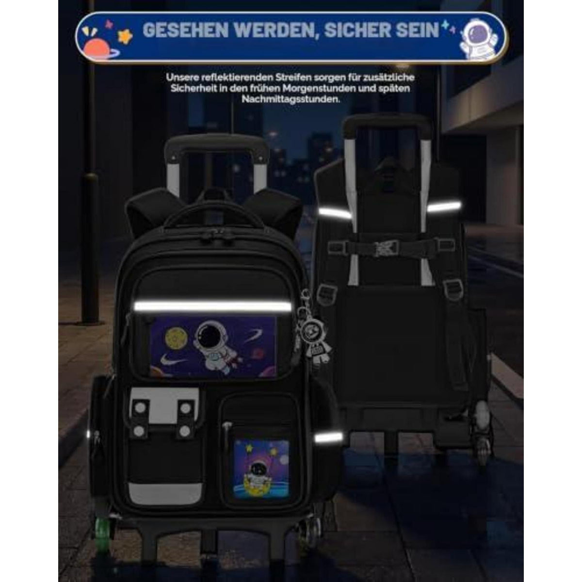 Schulranzen mit Rollen & Reflektoren für Jungen, Schwarz – Astronaut Design