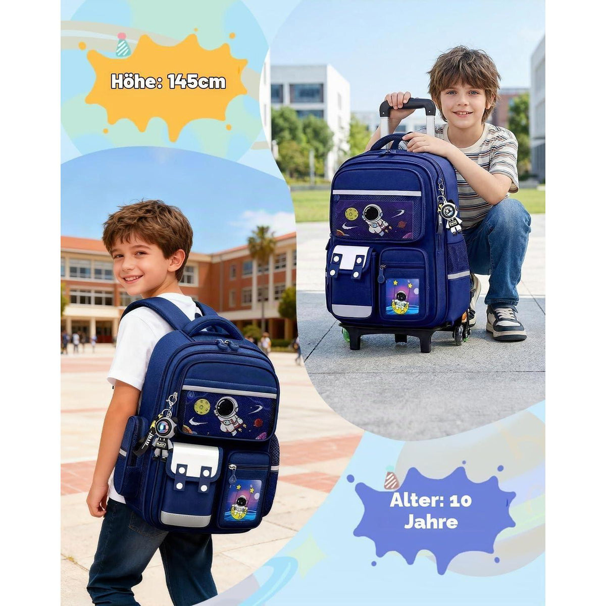 Schulranzen mit Rollen & Reflektoren, Blau – Astronaut Design für Jungen