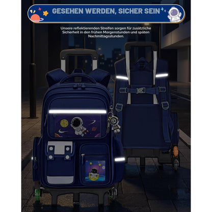 Schulranzen mit Rollen & Reflektoren, Blau – Astronaut Design für Jungen