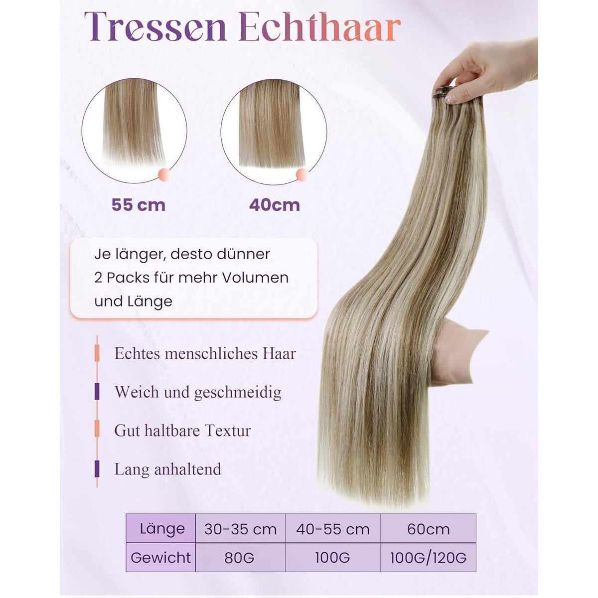 Echthaar Tressen Braun Highlight 50cm - Haarverlängerung