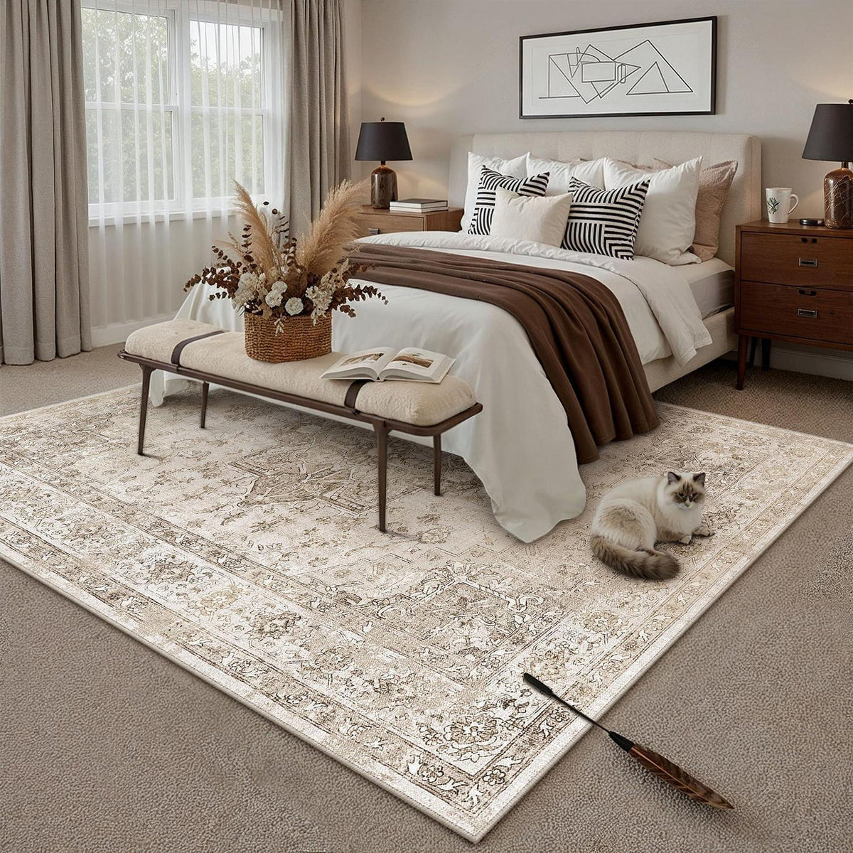 Vintage Teppich Beige 200x300cm Waschbar Rechteckig Wohnzimmer