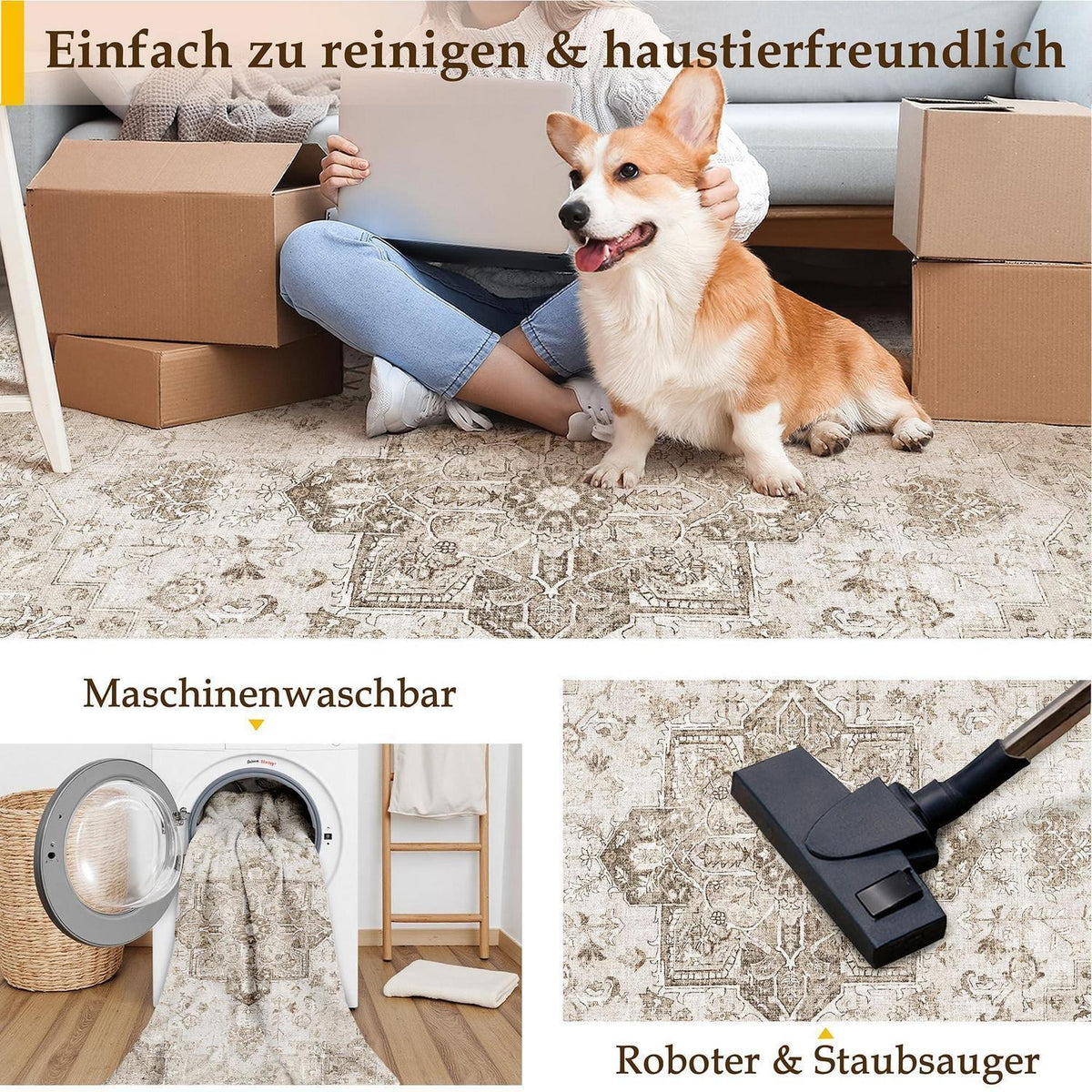 Vintage Teppich Beige 200x300cm Waschbar Rechteckig Wohnzimmer