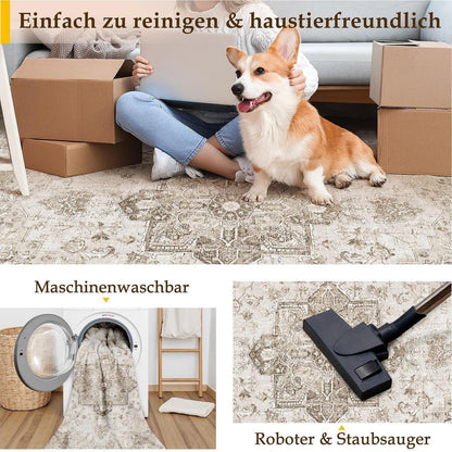 Vintage Teppich Beige 200x300cm Waschbar Rechteckig Wohnzimmer