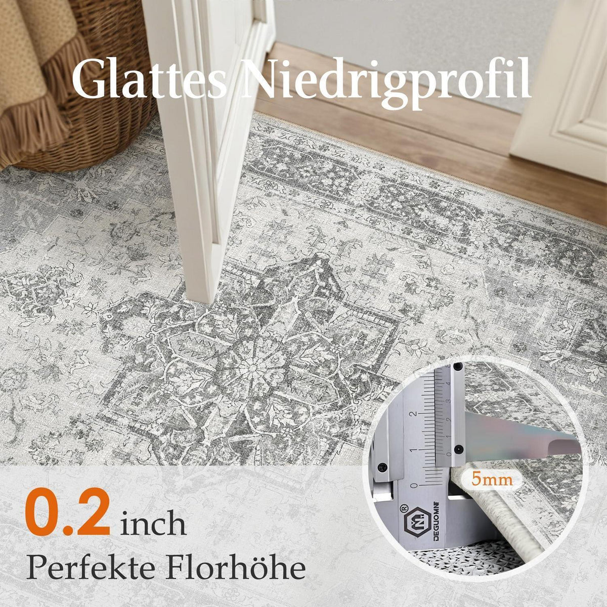 Vintage Teppich Grau 200x300cm Waschbar Rechteckig Wohnzimmer